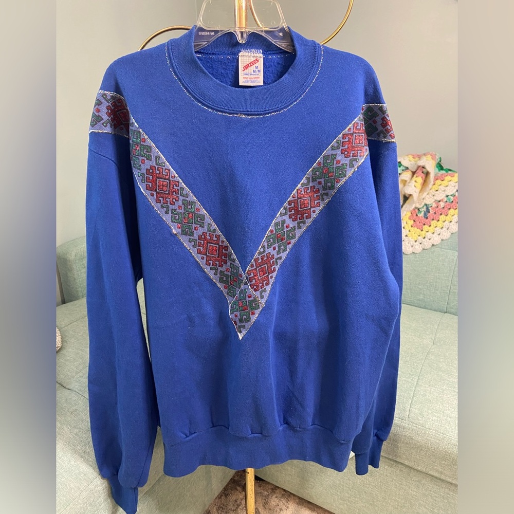 Vintage Royal Blue Jerzees Mosaic Pattern Crewneck Size Medium